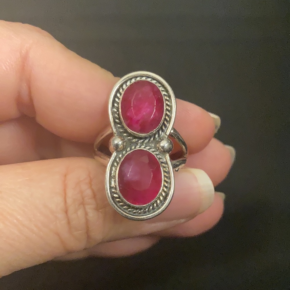 Double Ruby On 925 Sterling Silver Ring Size 7 St… - image 2